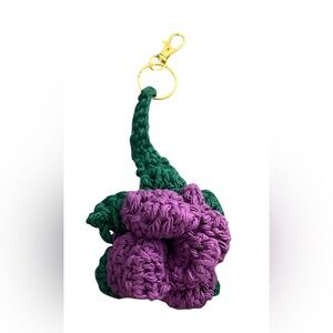Purple Rose Flower Green leaves Crochet Keychain Handmade Accessories